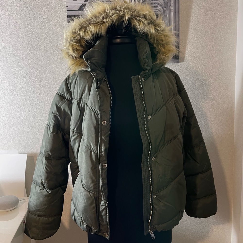 Zip Up Puffer Jacket in color olive green